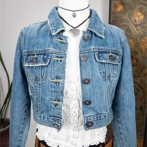 Y2K Old Navy Cropped Denim Jacket Blue Fitted Trucker Womens Indie Fairy Grunge‎